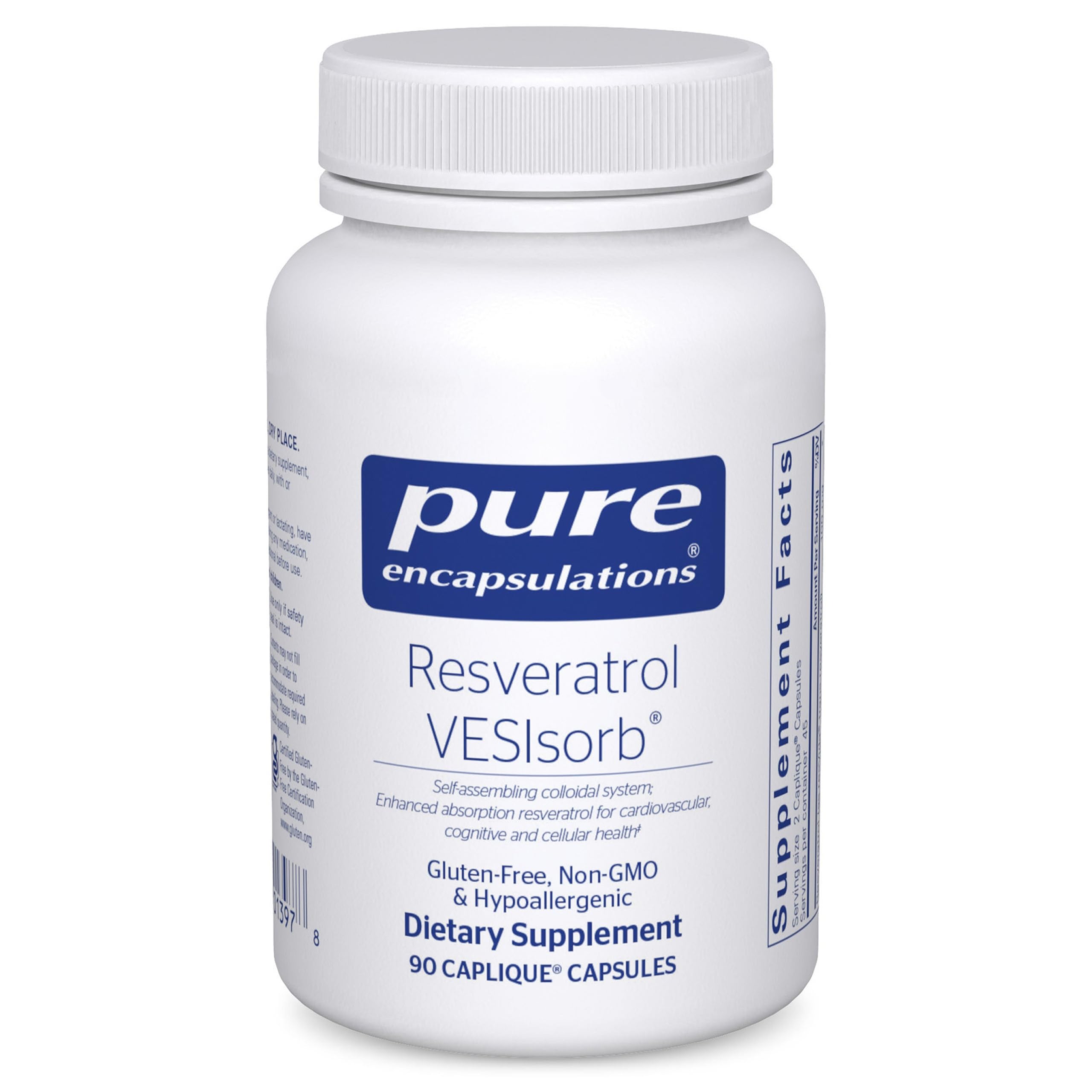 Pure Encapsulations Resveratrol VES-Sorb bottle front highlighting premium hypoallergenic formula for cellular support.