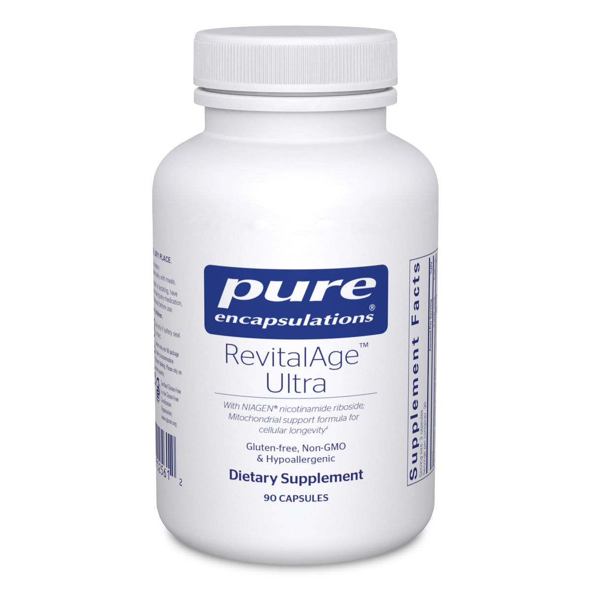 Pure Encapsulations RevitalAge Ultra 90s bottle front, highlighting mitochondrial support for healthy aging and daily vitality