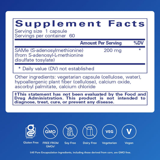 Pure Encapsulations SAMe capsules close-up highlighting 200 mg for methylation.