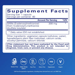 Pure Encapsulations SAMe capsules close-up highlighting 200 mg for methylation.
