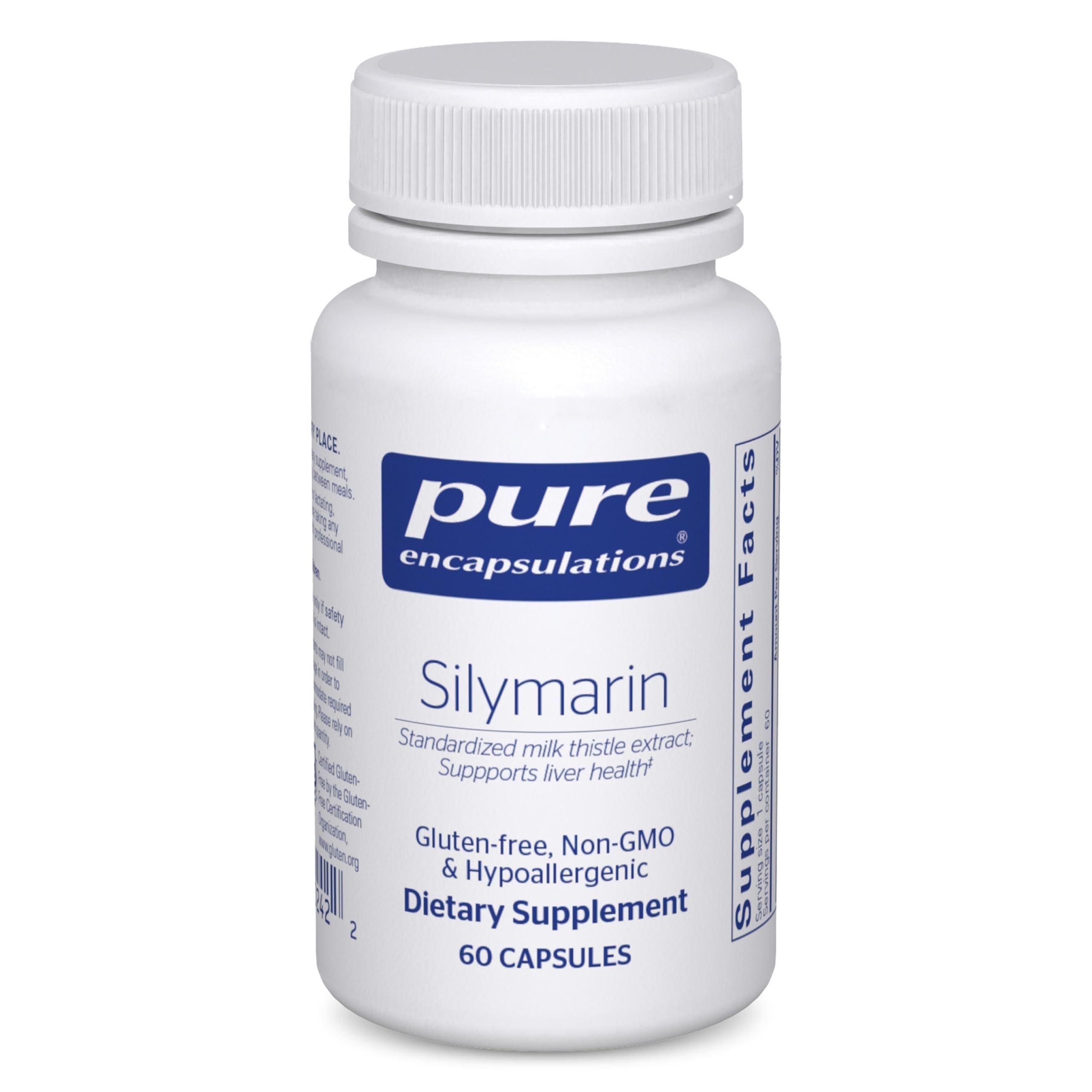 Pure Encapsulations Silymarin bottle presents 250 mg milk thistle in a vegan formula