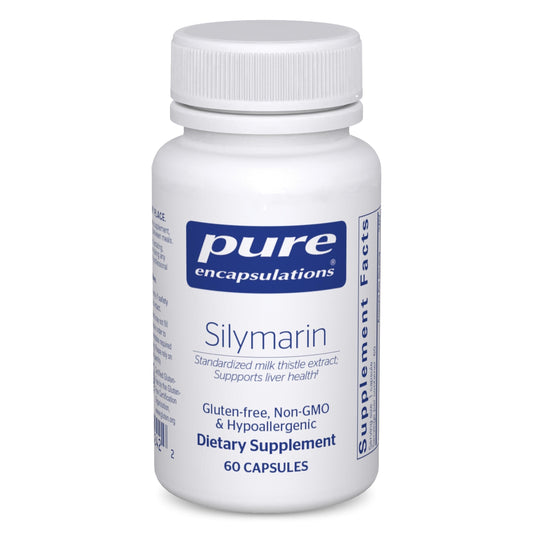 Pure Encapsulations Silymarin bottle presents 250 mg milk thistle in a vegan formula