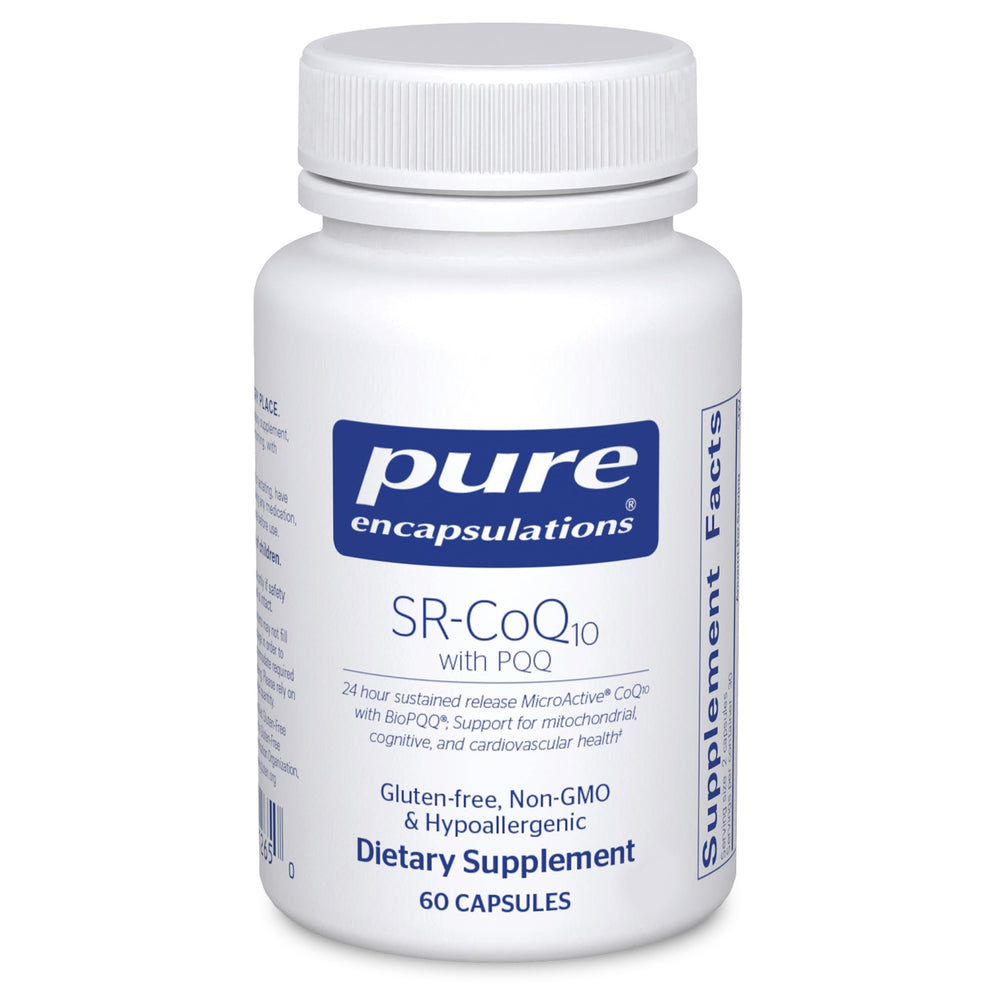 Pure Encapsulations SR-CoQ10 with PQQ bottle highlights sustained release for steady daily heart support.