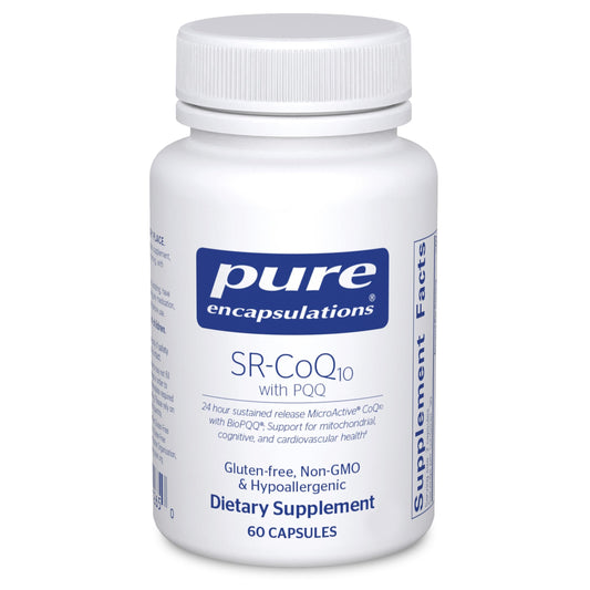 Pure Encapsulations SR-CoQ10 with PQQ bottle highlights sustained release for steady daily heart support.