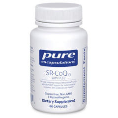 Pure Encapsulations SR-CoQ10 with PQQ bottle highlights sustained release for steady daily heart support.