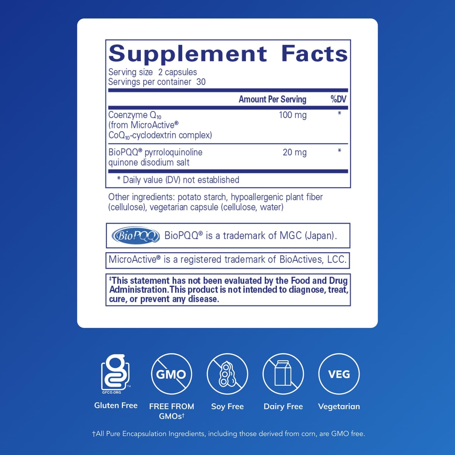 Pure Encapsulations SR-CoQ10 with PQQ label shows antioxidants for heart health and mitochondria.