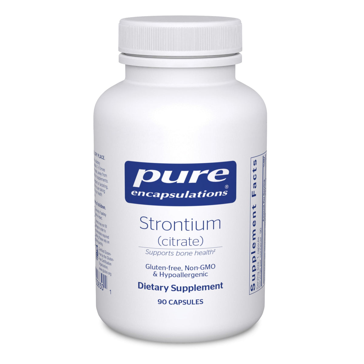 Pure Encapsulations Strontium Citrate bottle closeup highlighting hypoallergenic bone support.