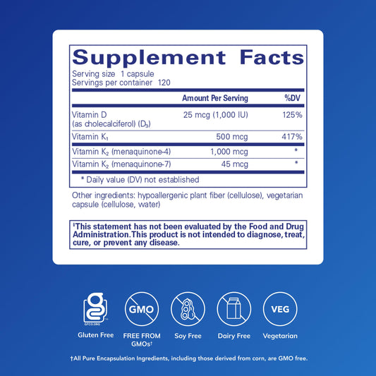 Pure Encapsulations Synergy K bottle back label highlighting gluten-free and non-GMO formulation