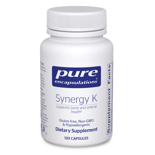 Pure Encapsulations Synergy K bottle front view showing K1, K2 and D3 blend for bone support