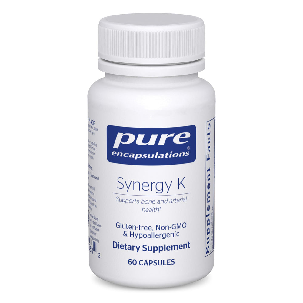 Pure Encapsulations Synergy K bottle front highlighting gluten-free, non-GMO formula for bones