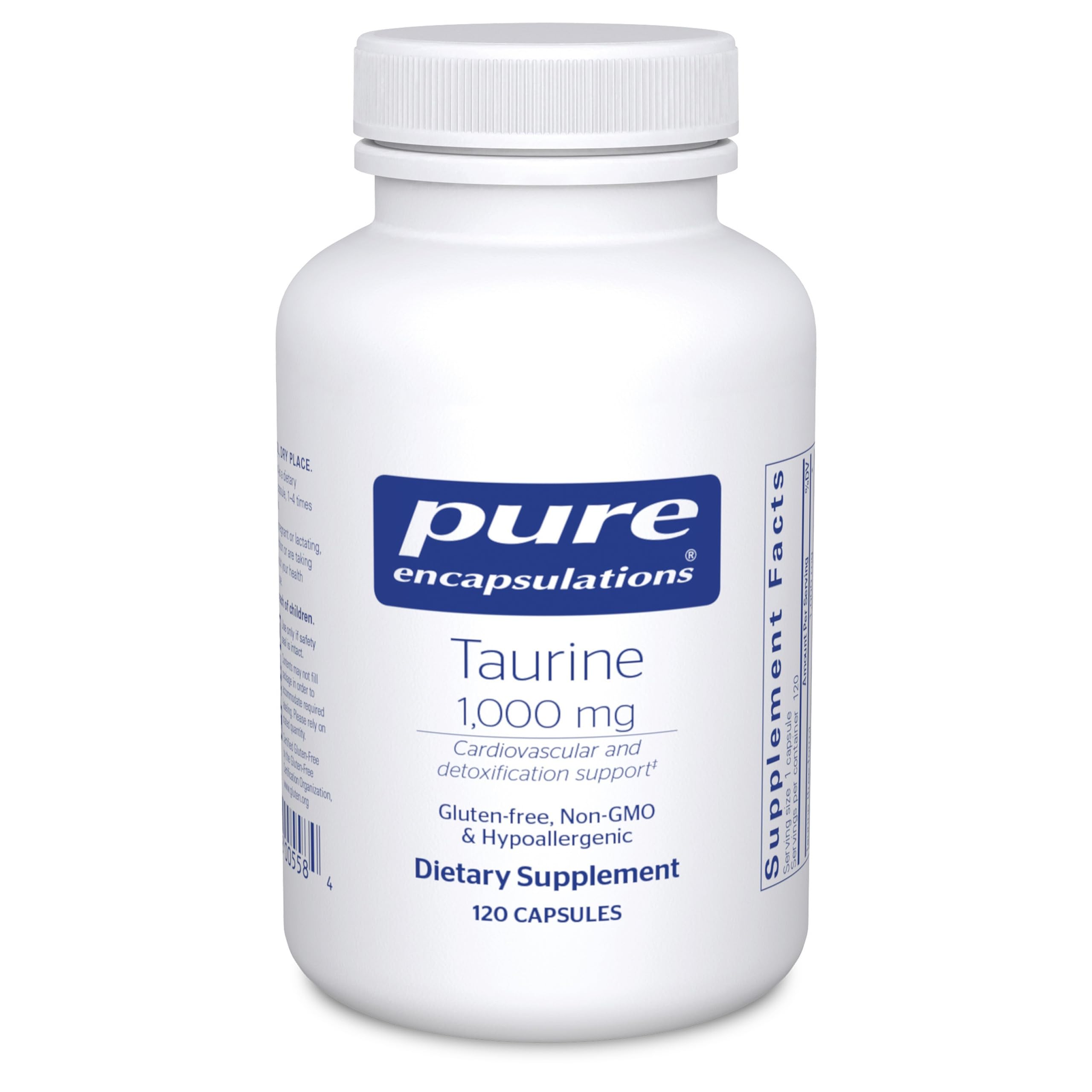 Pure Encapsulations Taurine 1000 mg bottle may support detox and heart health.