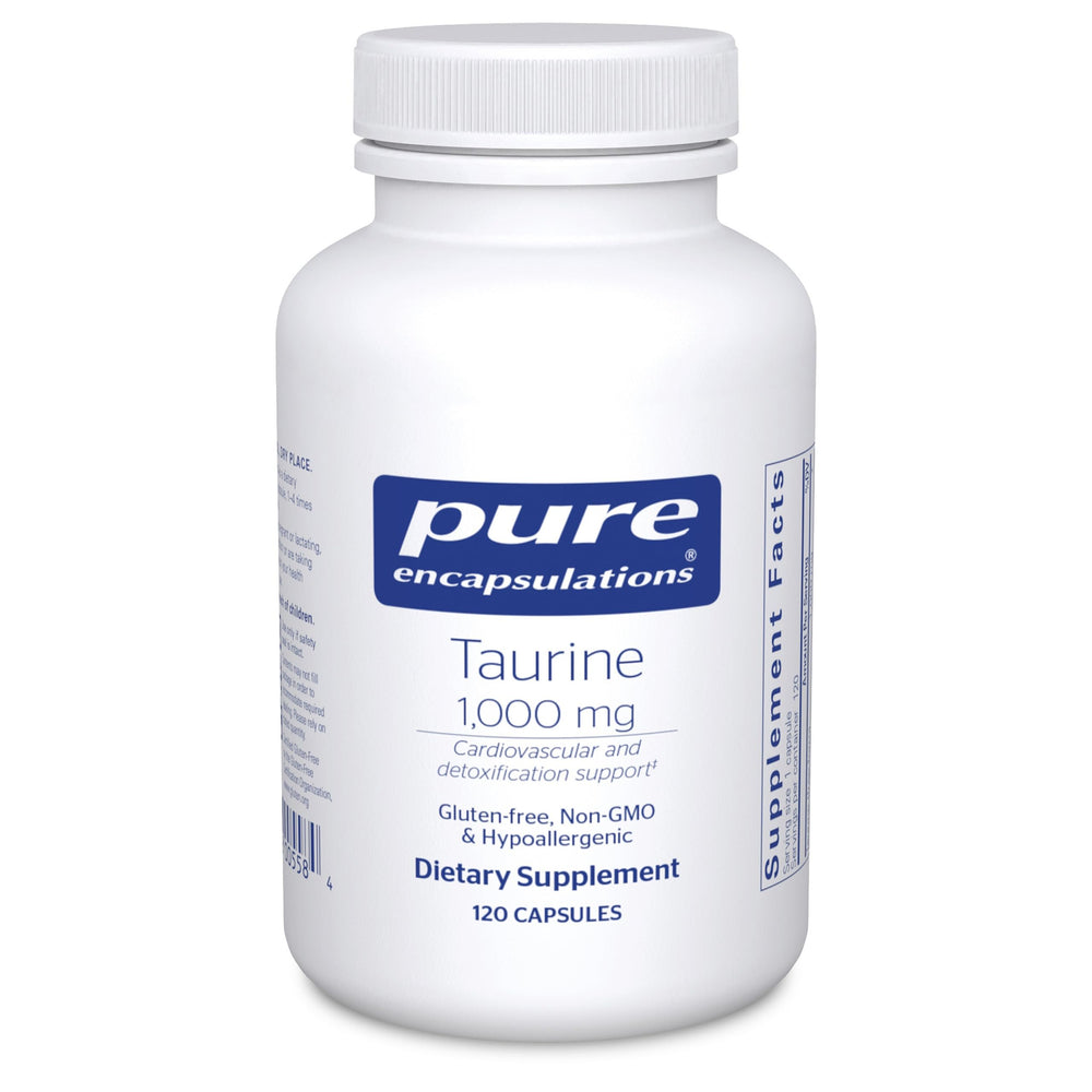 Pure Encapsulations Taurine 1000 mg bottle may support detox and heart health.