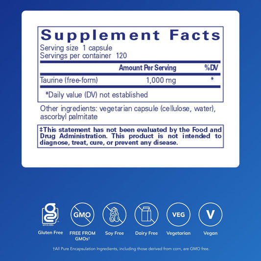 Pure Encapsulations Taurine 1000 mg capsules closeup—potential nervous system support.