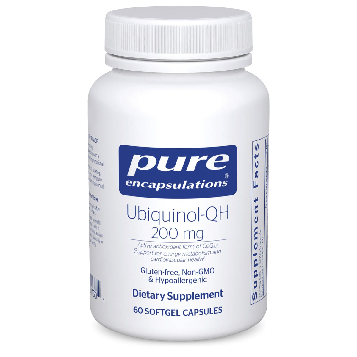 Pure Encapsulations ubiquinol-qh bottle front showing 200 mg dosage for daily use.