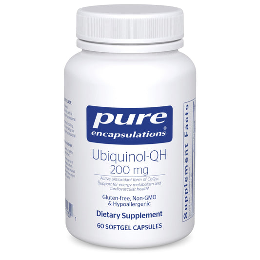 Pure Encapsulations ubiquinol-qh bottle front showing 200 mg dosage for daily use.