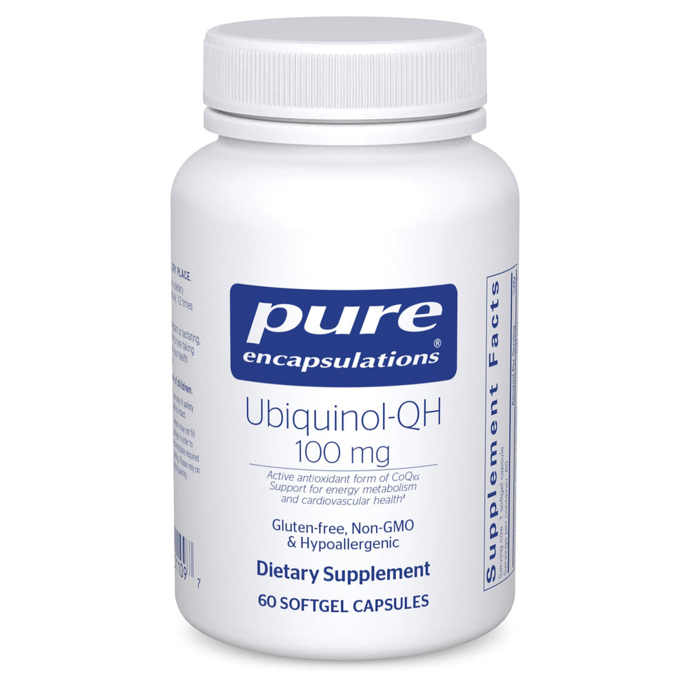 Pure Encapsulations Ubiquinol-QH bottle shown for daily energy metabolism support.