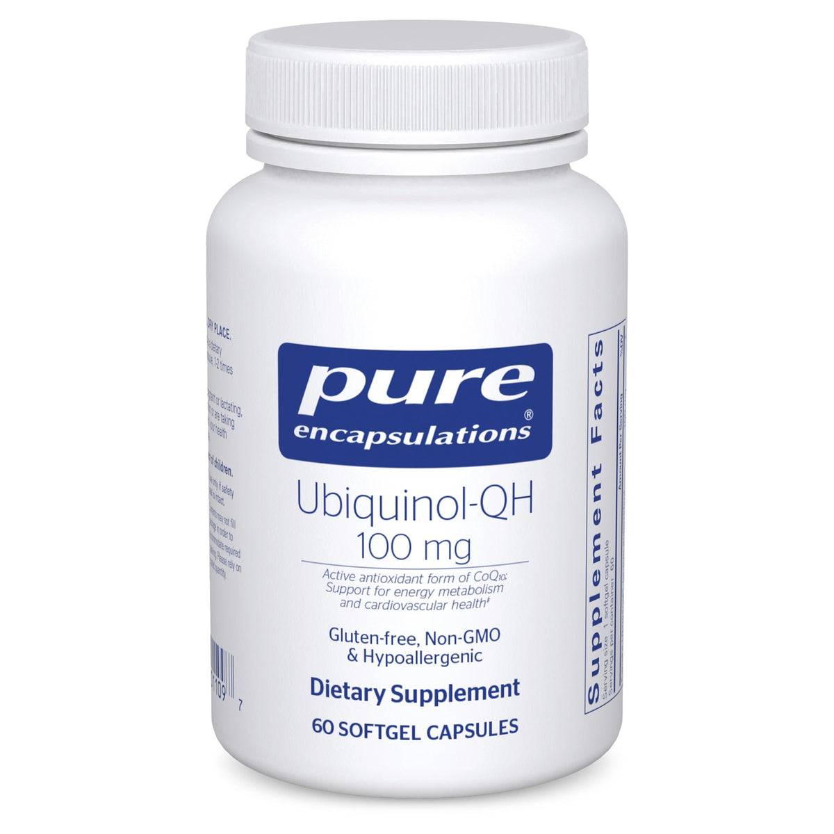 Pure Encapsulations Ubiquinol-QH bottle shown for daily energy metabolism support.