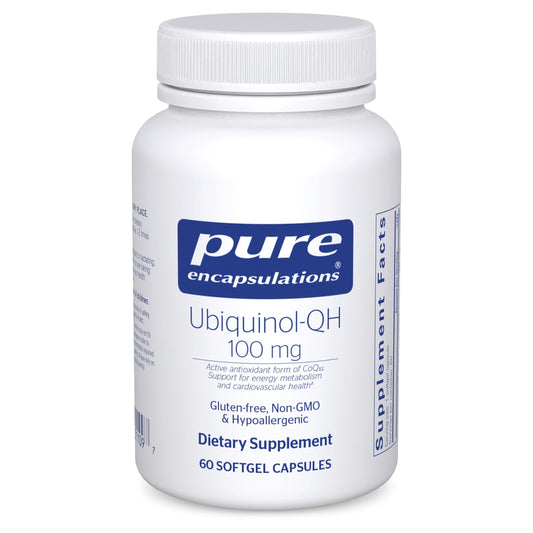 Pure Encapsulations Ubiquinol-QH bottle shown for daily energy metabolism support.