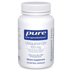 Pure Encapsulations Ubiquinol-QH bottle shown for daily energy metabolism support.