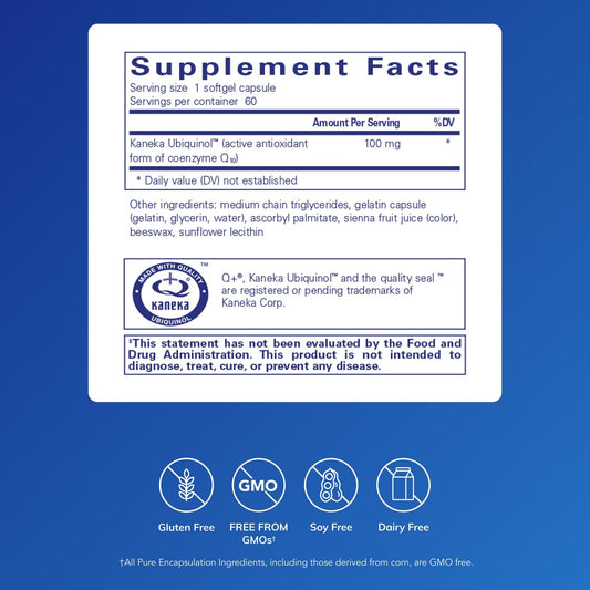 Pure Encapsulations Ubiquinol-QH capsules with glass of water, convenient daily use.