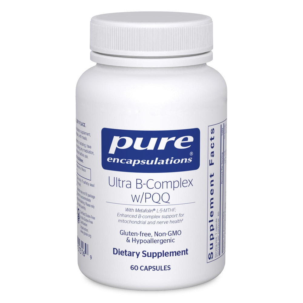 Pure Encapsulations Ultra B-Complex with PQQ bottle shows capsules for mitochondrial energy support.
