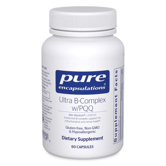 Pure Encapsulations Ultra B-Complex with PQQ bottle shows capsules for mitochondrial energy support.