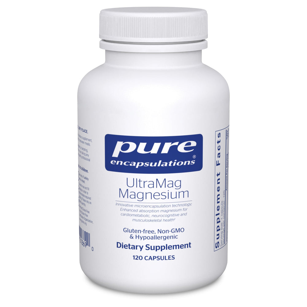 Pure Encapsulations UltraMag bottle highlighting microencapsulation for better absorption.