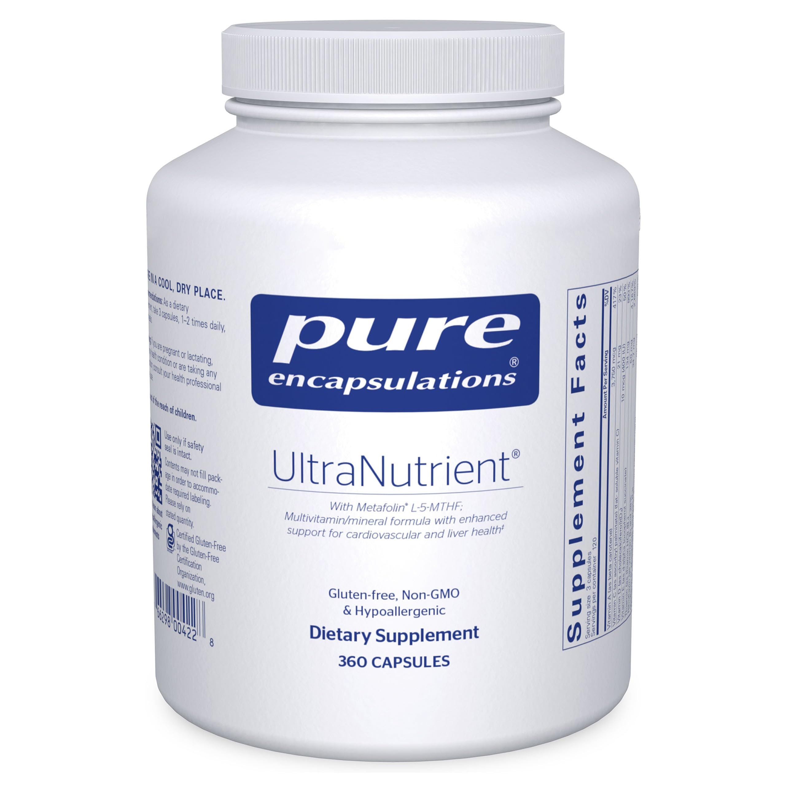 Pure Encapsulations UltraNutrient bottle with capsules for daily nutrient support.