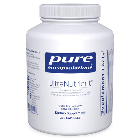 Pure Encapsulations UltraNutrient bottle with capsules for daily nutrient support.
