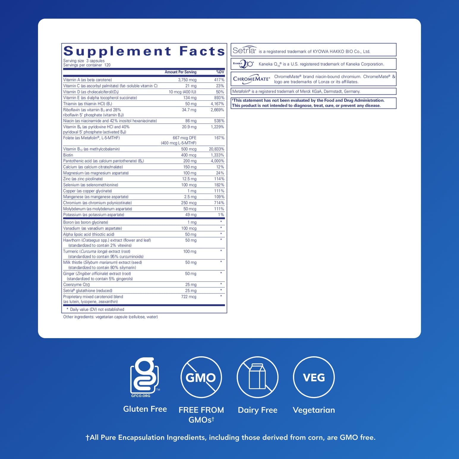 Pure Encapsulations UltraNutrient label highlights gluten-free formula and key ingredients.