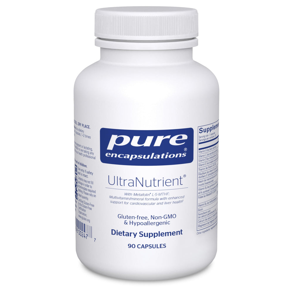 Pure Encapsulations UltraNutrient bottle showing an iron-free multivitamin for daily wellness