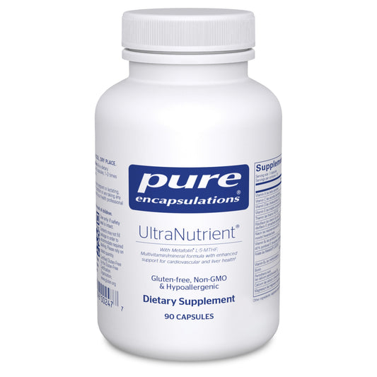 Pure Encapsulations UltraNutrient bottle showing an iron-free multivitamin for daily wellness