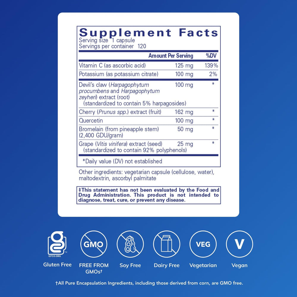 Pure Encapsulations Uric Acid Formula label closeup highlighting hypoallergenic ingredients.