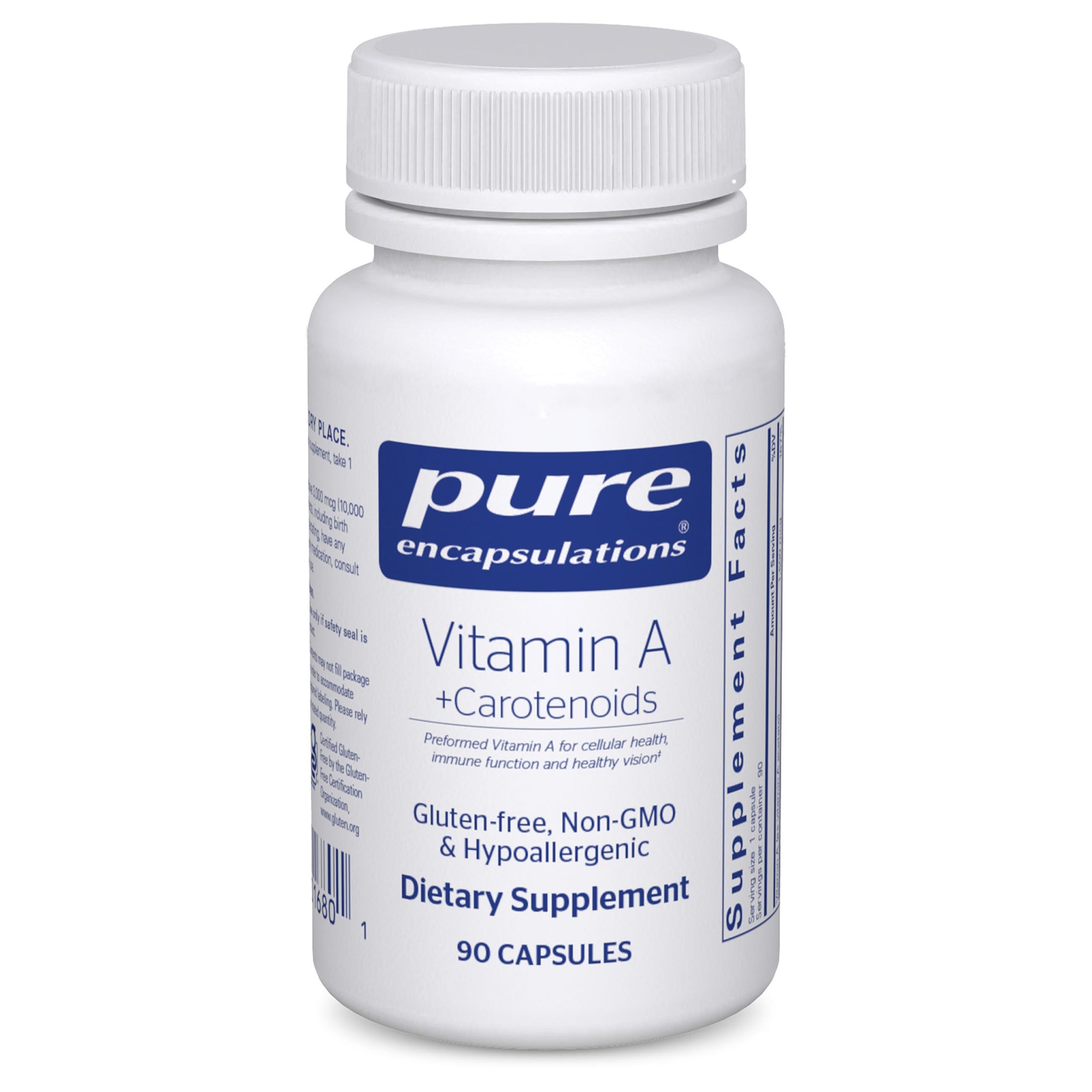 Pure Encapsulations Vitamin A + Carotenoids bottle front for eye health support.