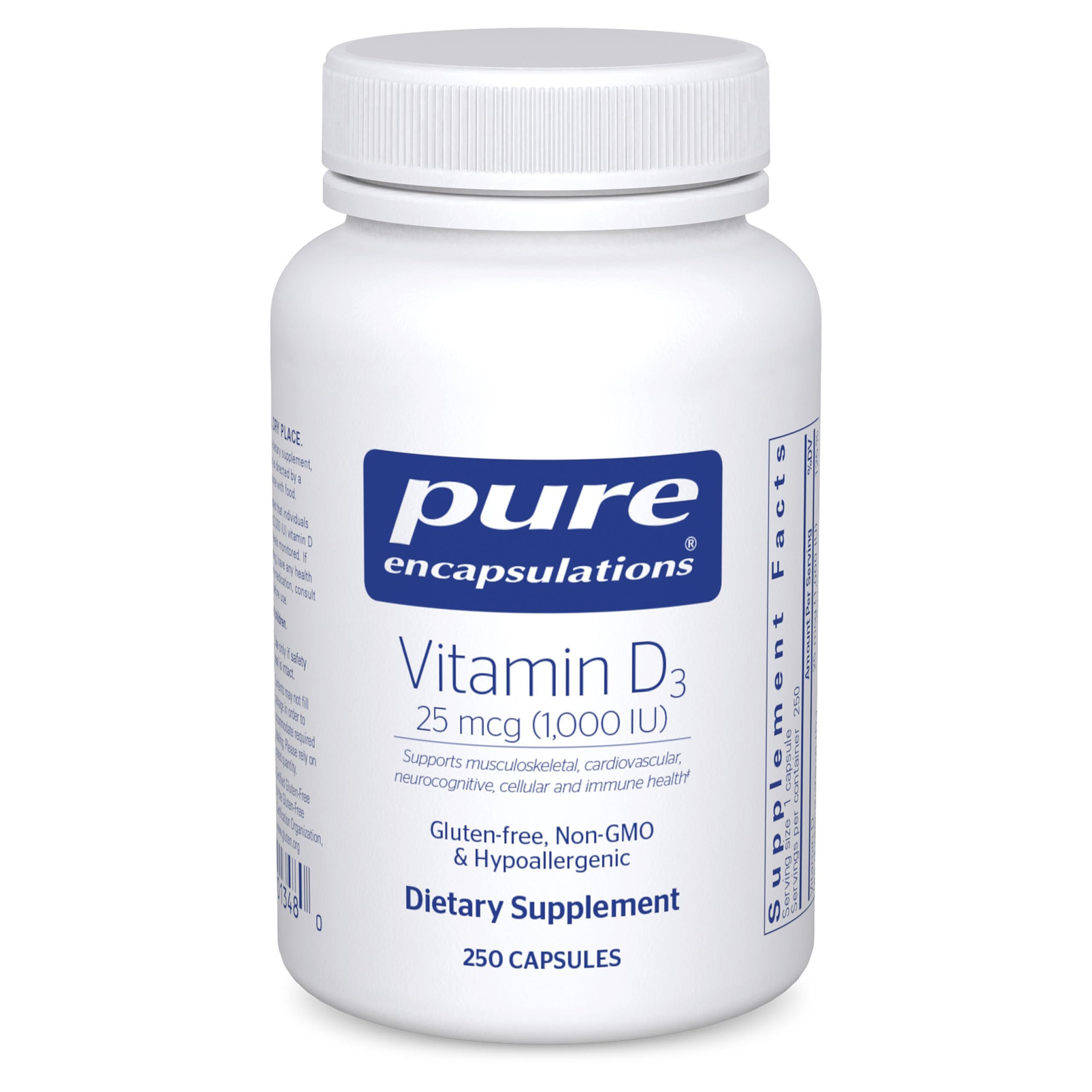 Pure Encapsulations Vitamin D3 1000 IU bottle front view for bone and immune support