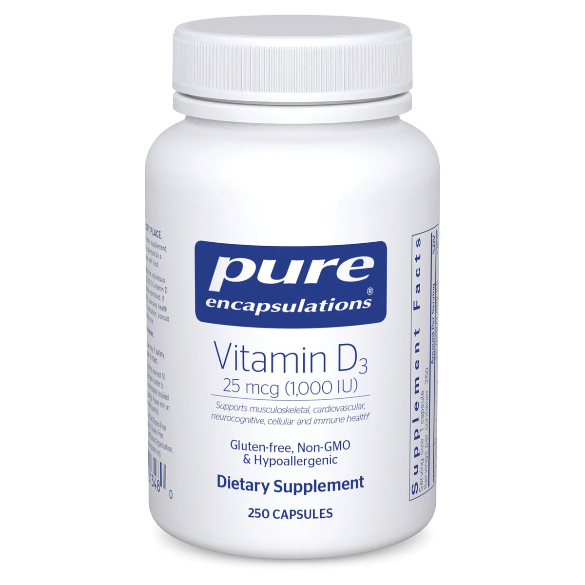 Pure Encapsulations Vitamin D3 1000 IU bottle front view for bone and immune support
