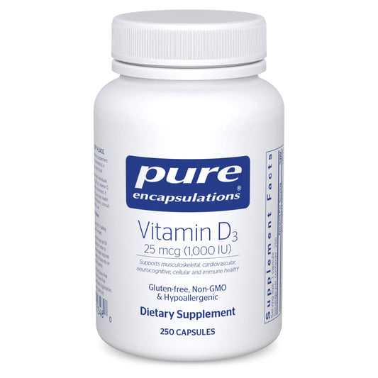 Pure Encapsulations Vitamin D3 1000 IU bottle front view for bone and immune support