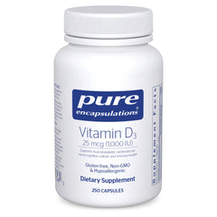 Pure Encapsulations Vitamin D3 1000 IU bottle front view for bone and immune support