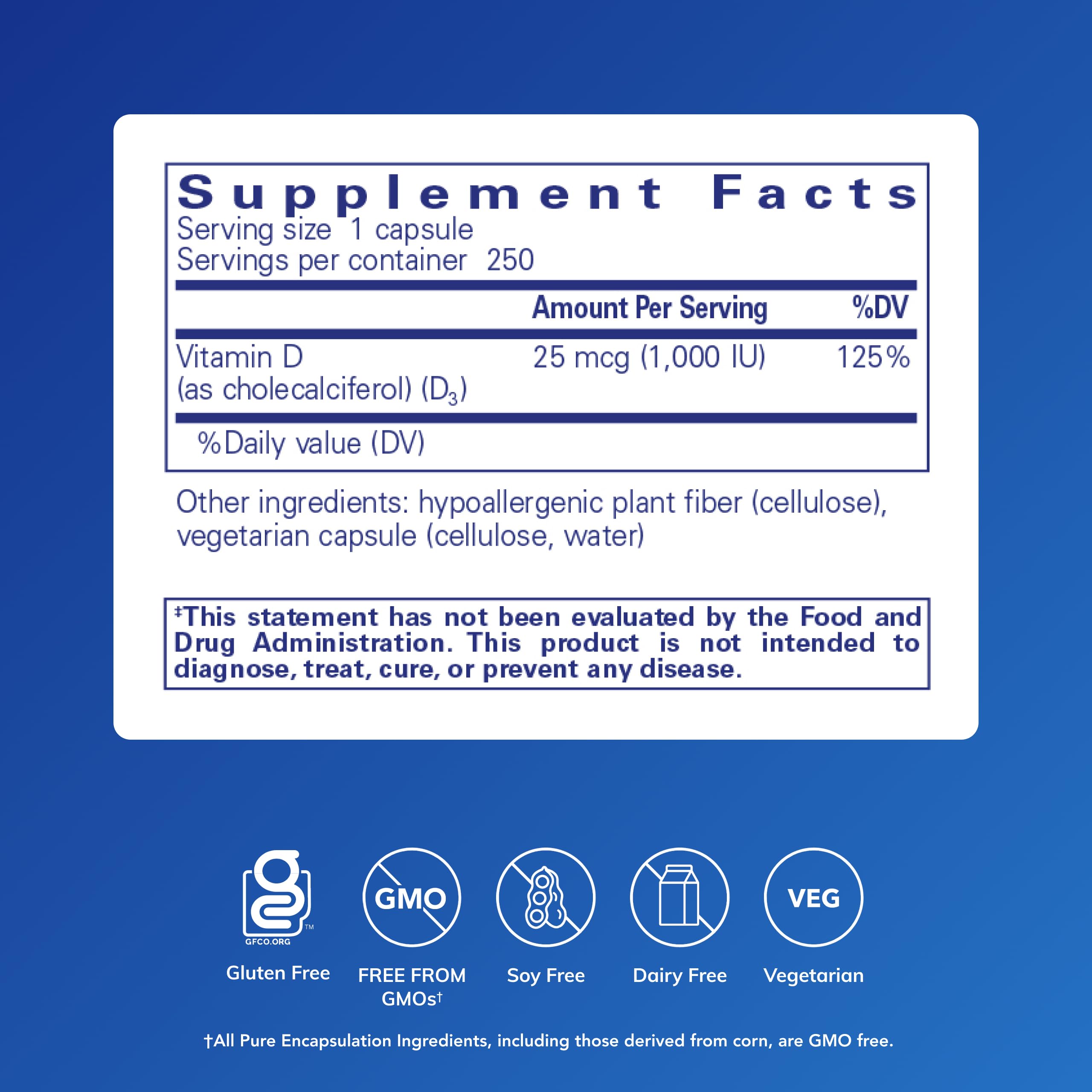 Pure Encapsulations Vitamin D3 1000 IU bottle side view with dosage label