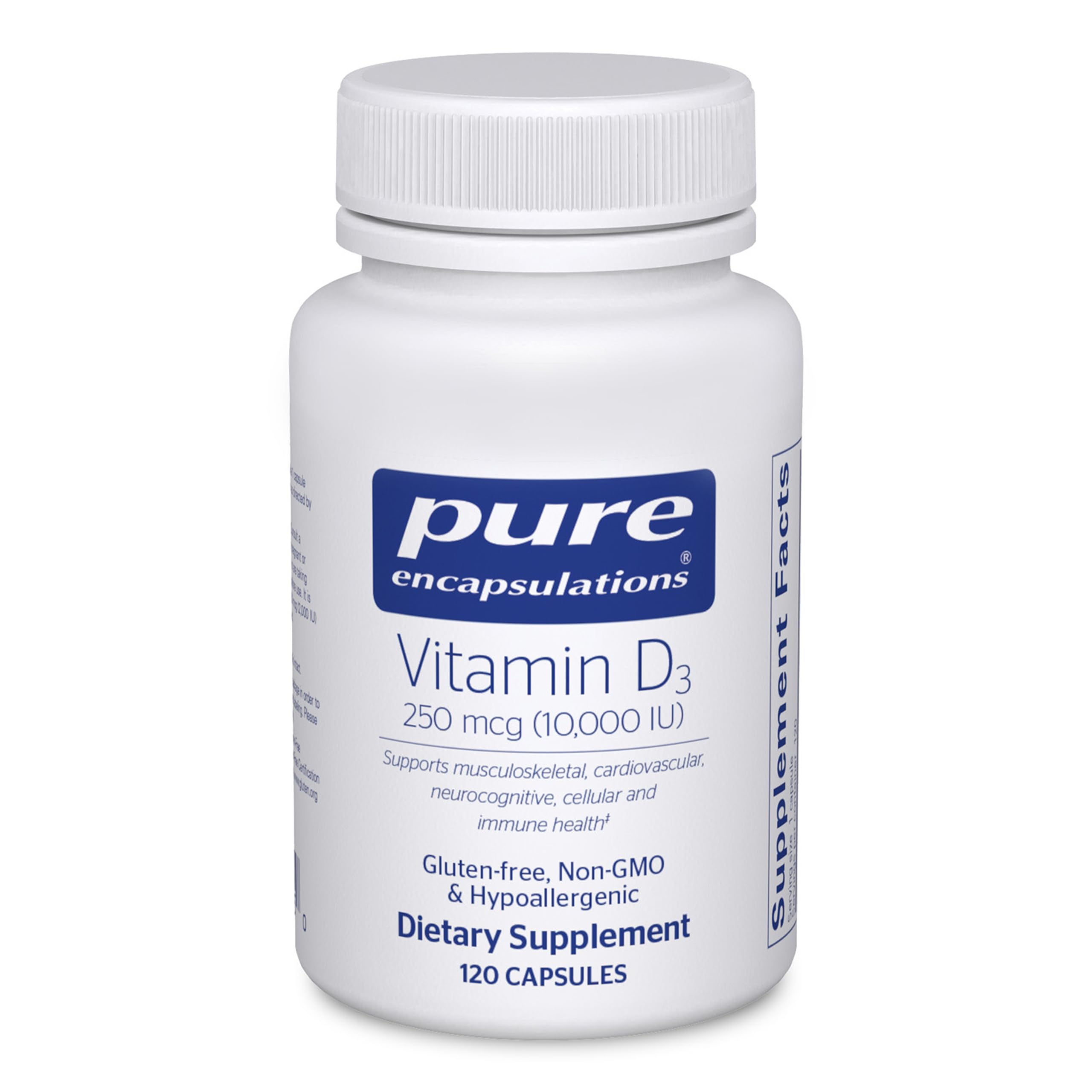Pure Encapsulations Vitamin D3 250 mcg bottle for daily bone and immune support.