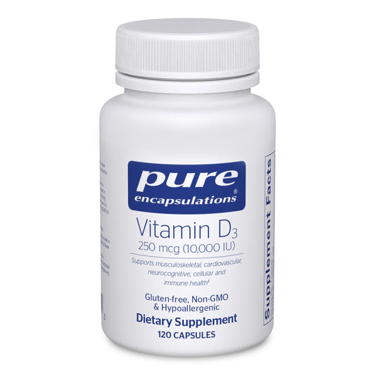 Pure Encapsulations Vitamin D3 250 mcg bottle for daily bone and immune support.