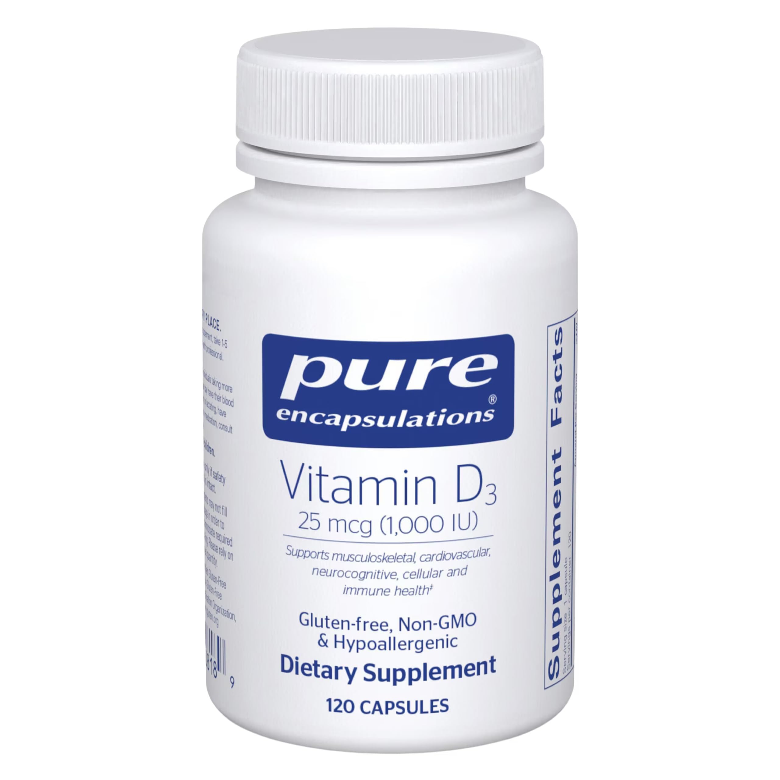 Pure Encapsulations Vitamin D3 bottle with capsules; premium bone support and calcium absorption.