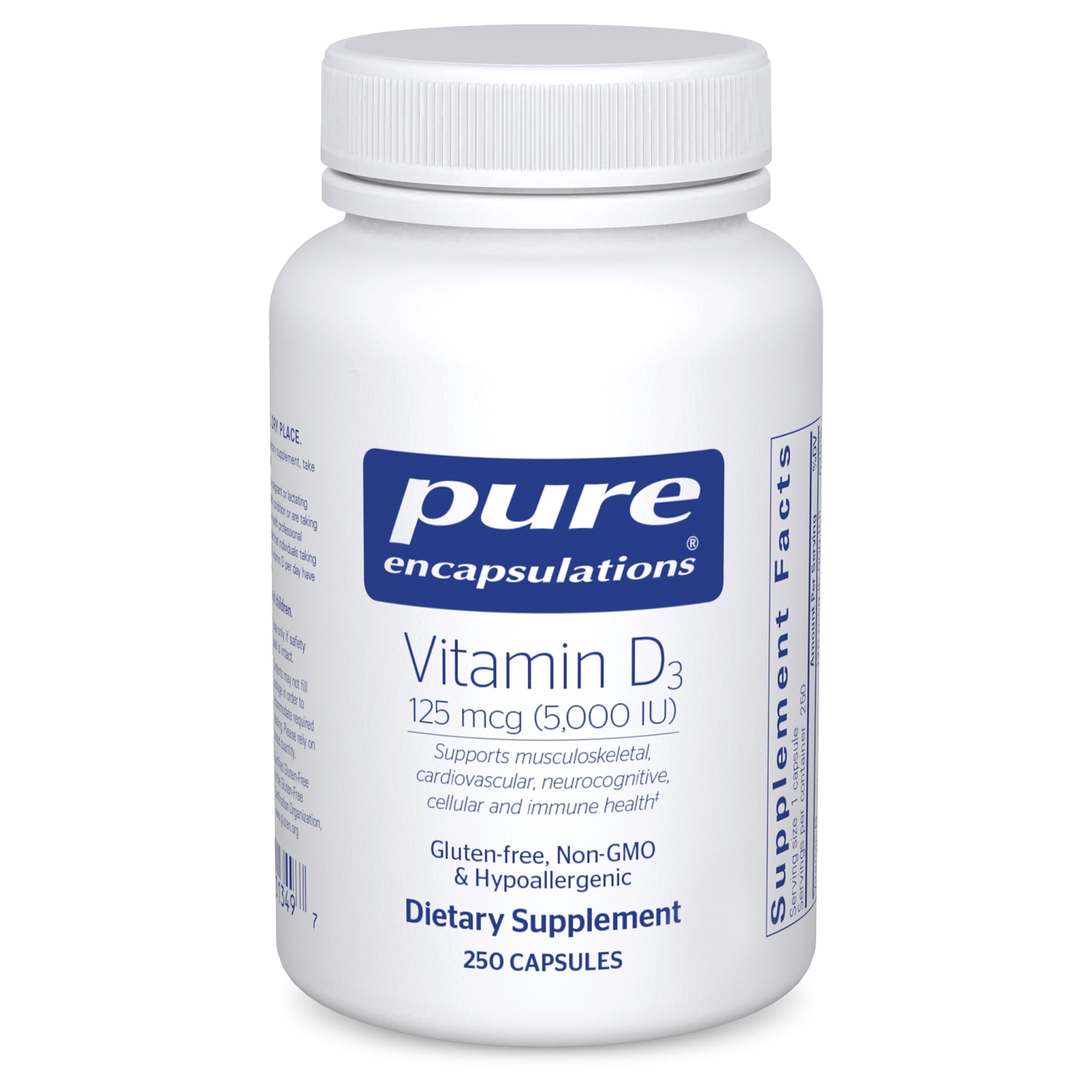Pure Encapsulations Vitamin D3 bottle front view, supporting bone and immune health.