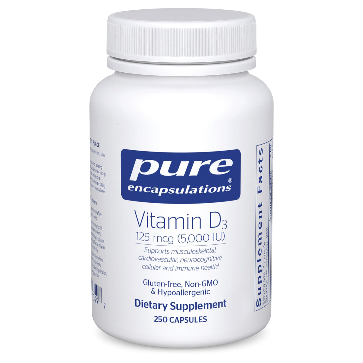 Pure Encapsulations Vitamin D3 bottle front view, supporting bone and immune health.