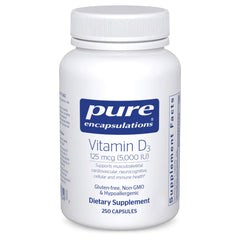 Pure Encapsulations Vitamin D3 bottle front view, supporting bone and immune health.