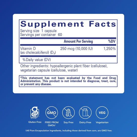 Close-up of Pure Encapsulations Vitamin D3 capsules for daily immune support