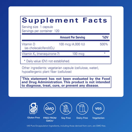 Pure Encapsulations Vitamin D3 & K2 label close-up highlighting gluten-free, non-GMO formula.