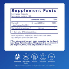 Pure Encapsulations Vitamin D3 & K2 label close-up highlighting gluten-free, non-GMO formula.