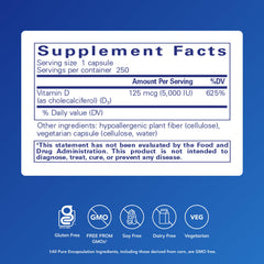 Vitamin D3 label close-up shows dosage and 5,000 IU per capsule for daily wellness.