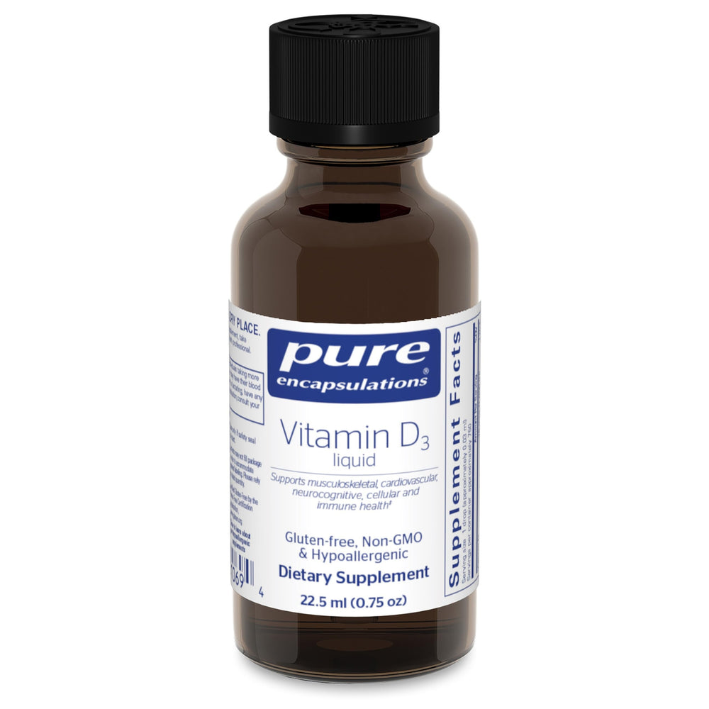 Pure Encapsulations Vitamin D3 Liquid bottle with dropper for easy daily dosing and bone support.